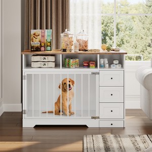 48" Dog Crate Furniture, Farmhouse Dog Kennel Furniture with Dog Bowl & 3 Storage Drawers, Heavy Duty Dog Cage End Table for Medium Small Dogs - 1 of 4