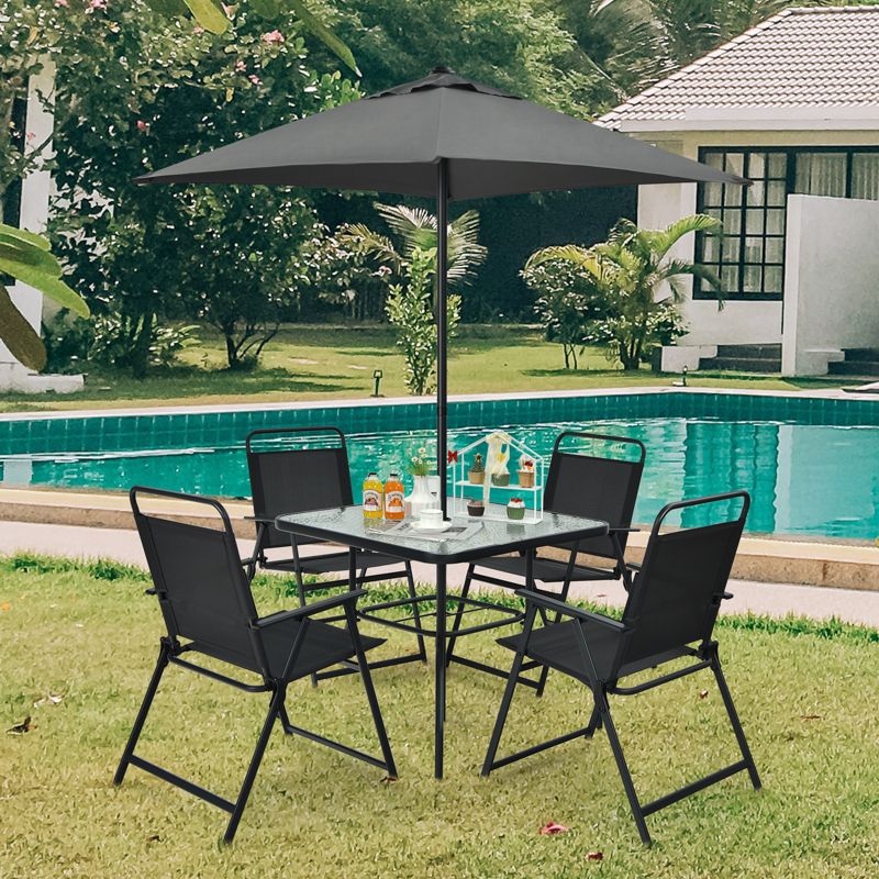 Tangkula 6-Piece Patio Dinning Sets Garden Table Set Outdoor Folding Chairs & Glass Table Set w/ Umbrella Grey, 3 of 11