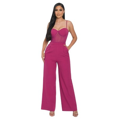 Slickblue Women's Mesh Insert Cup Jumpsuit with Adjustable Straps, Wide Leg Style, Magenta, Size S-L