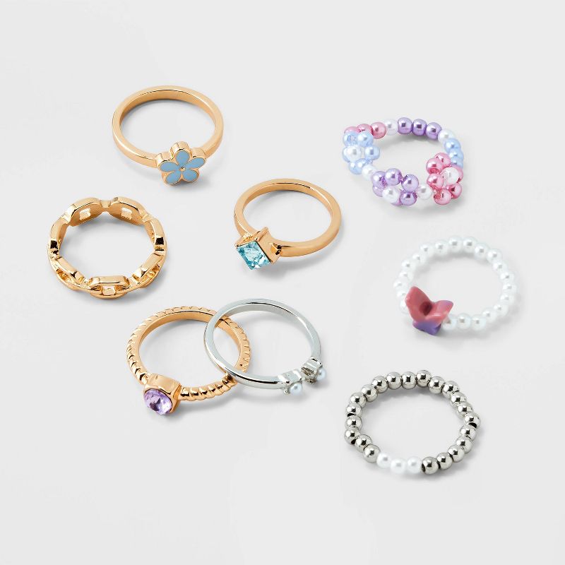 Girls&#39; 8pk Mixed Ring Set with Beaded Butterfly &#38; Flower Ring - art class&#8482;, 1 of 5
