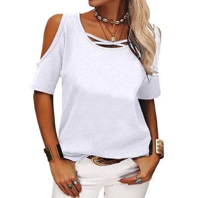 Mocamel Women's Hollow Out-Shoulder Solid Color Top Distinctive Collar Design Loose Type Casual and Vacation Wear