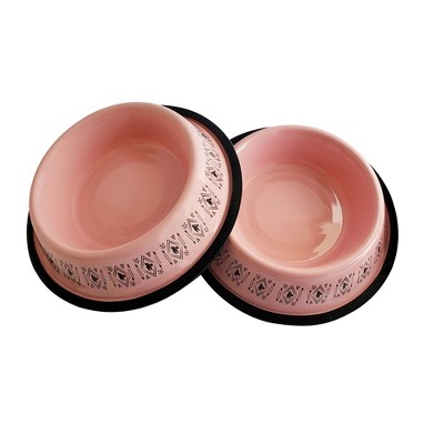 Pink Boho Stainless Steel Dog Bowl with Silicone Base