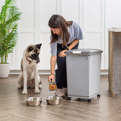 Gray and Dark Gray Airtight Plastic Pet Food Storage Bin with Wheels