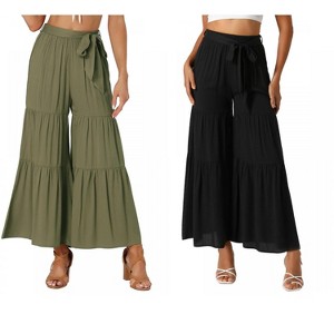 INSPIRE CHIC Women's Boho Elastic High Waist Tie Belt Ruffle Hem Wide Leg Palazzo Pants 2 Packs - 1 of 4