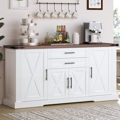Angel Sar 63'' Farmhouse Buffet Cabinet with Storage, Kitchen Cabinet with Barn Door Design, Metal Handles, 2 Drawers & Adjustable Shelves, White