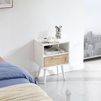 Streamdale Rattan End Table With Power Outlet & USB Ports, Modern Nightstand With Drawer And Solid Wood