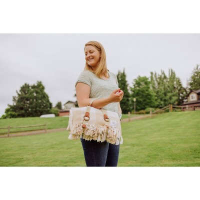 Beige Gingham Cotton Outdoor Picnic Blanket with Harness
