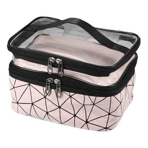 TrueLux Double Layer Makeup Bag with Brush Organizer (Pink),Medium Capacity  Makeup Bag with Compartments Travel Cosmetic Pouch,Portable Zip Makeup