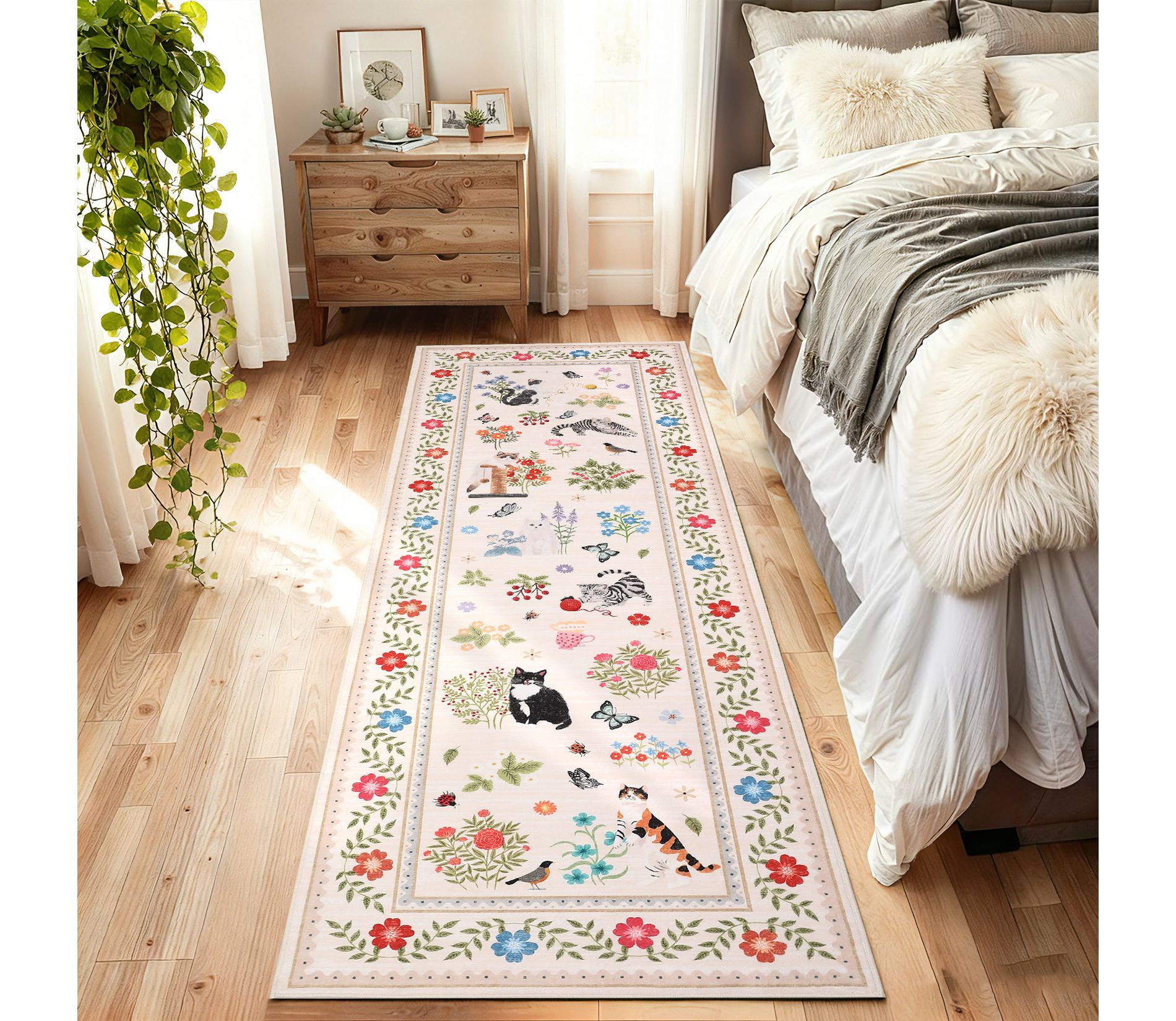 Modern Floral Bordered Area Rugs for Living Room Dining Rom Cute Animal Cat Carpet for Kids's Playroom