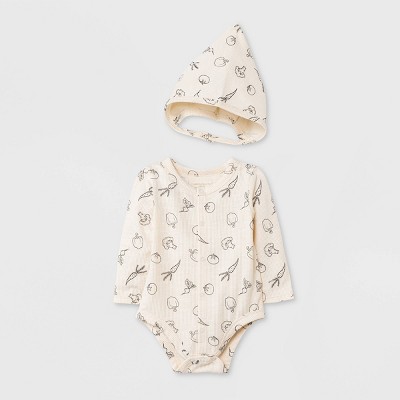 Grayson Collective Baby Long Sleeve Ribbed Bodysuit Bonnet Set - Cream 3-6M