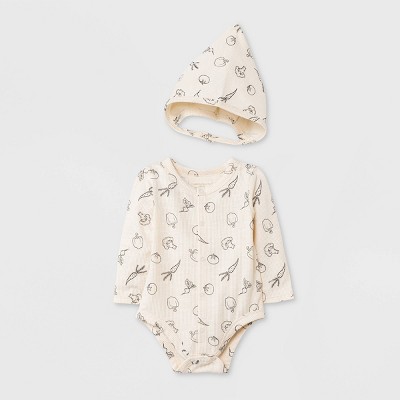 Image of Grayson Collective Baby Long Sleeve Ribbed Bodysuit Bonnet Set - Cream 3-6M