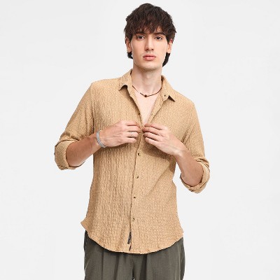Campus Sutra Men Men's Buff Beige Micro Hexagon-Lined Shirt