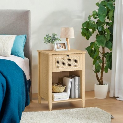 Rattan Nightstand - Boho Bedside Table with Drawer, Modern Side Table for Bedroom, Cane End Table in Natural Finish