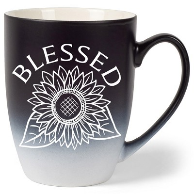 Elanze Designs Blessed Sunflower Two Toned Ombre Matte Black and White 12 ounce Ceramic Stoneware Coffee Cup Mug