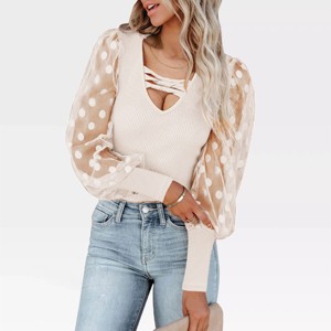 Lace Sleeve Bodysuits U Neck Rib Shapwear Blouse Bishop Sleeve Bodysuits Layerd Romper - 1 of 4