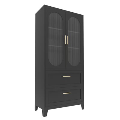 GlasFlength Decorative Storage Cabinets, 2 Doors 2 Drawers, Black, 31.5"*15.75"*71"