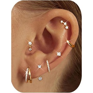 7-Pair 14K Gold Plated Huggie Earring Set - Hypoallergenic Small Stud Hoops for Cartilage Piercing, Dainty Stackable Jewelry Gift - 1 of 4