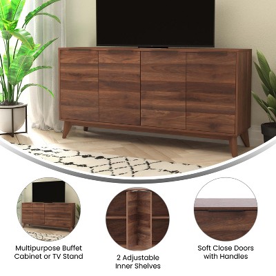 Hatfield Dark Walnut Mid-Century Modern 4-Door TV Stand with Adjustable Shelves