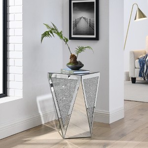 13" Inverted Triangle Mirror Coffee Table with Crystal Diamond Inlay, Silver Glass Side Table for Living Room, Bedroom - 1 of 4