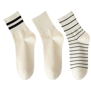 Anna-Kaci 3 Pairs Women's Crew Socks in Cotton Blend Ribbed Cuff Assorted Stripes Dots Letter Graphic Print Design - 1 of 4