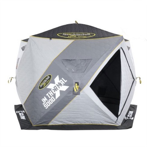 Clam 14471 Portable 4 To 6 Person 9 Foot Jason Mitchell X5000 Ice Fishing  Angler Thermal Hub Shelter Tent With Anchors, Tie Ropes, And Carrying Bag :  Target