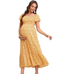 Maternity Square Neck Dress Flutter Sleeve Summer Smocked Midi Dress for Baby Shower Photoshoot - 1 of 4