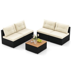 Tangkula 5 Pieces Outdoor Patio Furniture Set Sectional PE Rattan Sofa Set with Cushions and Acacia Wood Coffee Table - 1 of 4