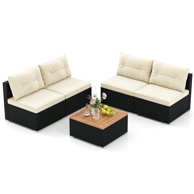 Tangkula 5 Pieces Outdoor Patio Furniture Set Sectional PE Rattan Sofa Set with Cushions and Acacia Wood Coffee Table, 1 of 10