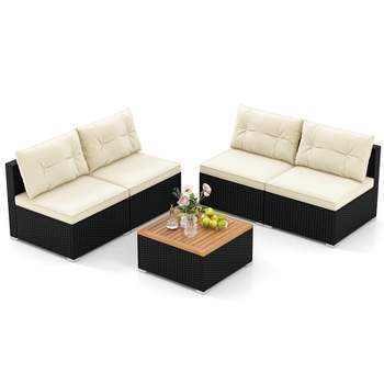 Tangkula 5 Pieces Outdoor Patio Furniture Set Sectional PE Rattan Sofa Set with Cushions and Acacia Wood Coffee Table