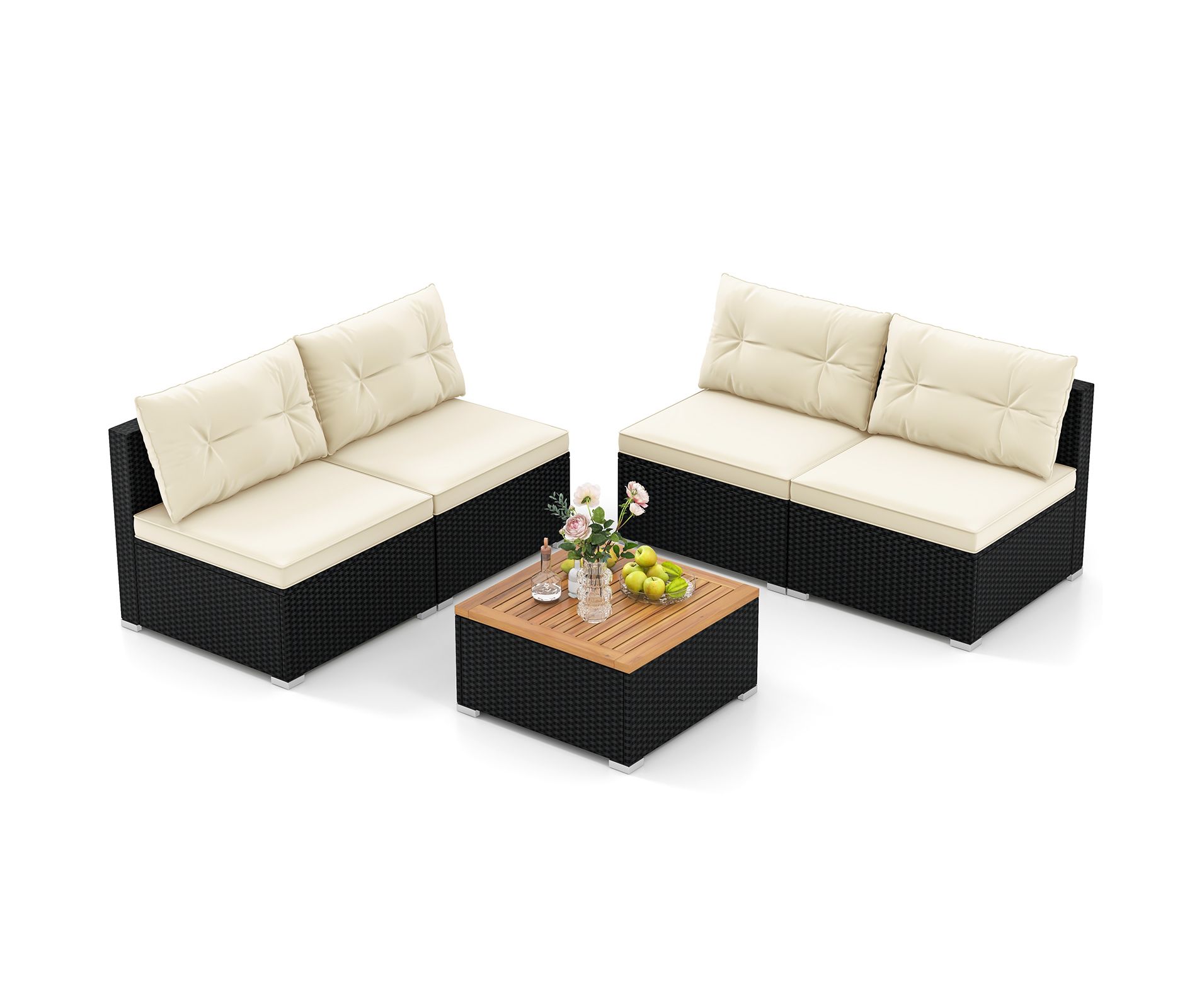 Tangkula 5 Pieces Outdoor Patio Furniture Set Sectional PE Rattan Sofa Set with Cushions and Acacia Wood Coffee Table