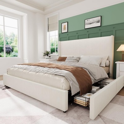 Homhougo Upholstered Platform Bed Frame with Storage Drawers, Corduroy Wingback with Tufted Headboard and Footboard