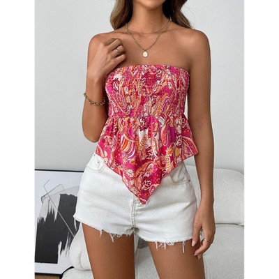 Women's Frill Shirred Ruffle Hem Strapless Tube Top Sleeveless Pleated Peplum Bandeau Blouse