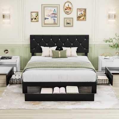 VECELO Queen/Full/Twin Size Bed Frame Leather Upholstered Platform Bed with Drawers and Headboard, Black/White