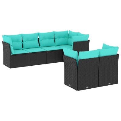 vidaXL 7 Piece Patio Sofa Set with Cushions Black and Blue Poly Rattan