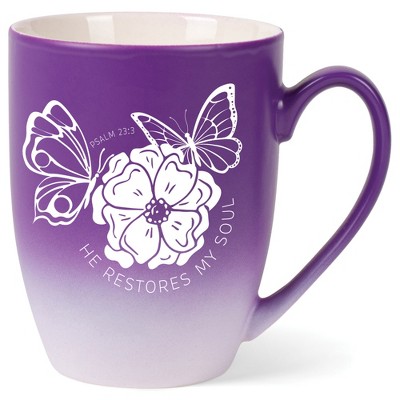 Elanze Designs He Restores My Soul Psalm 23:3 Two Toned Ombre Matte Purple and White 12 ounce Ceramic Stoneware Coffee Cup Mug