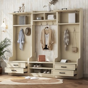 TIRAMISUBEST 4-in-1 Detachable Hall Tree with Cabinets and 7 Hooks, Hallway Coat Rack with Drawers and Shoe Bench - 1 of 4