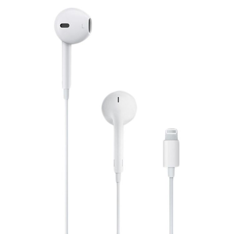 White colored wired earbuds with a lightning connector and an "L" marking on the left earbud.