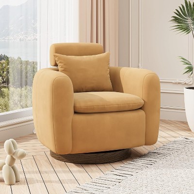 Heynemo Swivel Barrel Chair, Accent Chair with Solid Wood Base, Comfy Sofa Chair with Adjustable Headrest, for Living Room, Bedroom, Camel