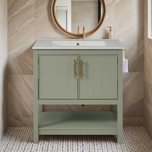 30-Inch White Bathroom Vanity with Ceramic Sink and Versatile Storage - Ideal for Small Bathrooms - Leovsnove - 1 of 4