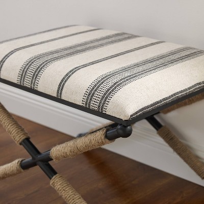BoHo Black Stripe Cushioned Accent Stool with Rope-Wrapped Metal Legs