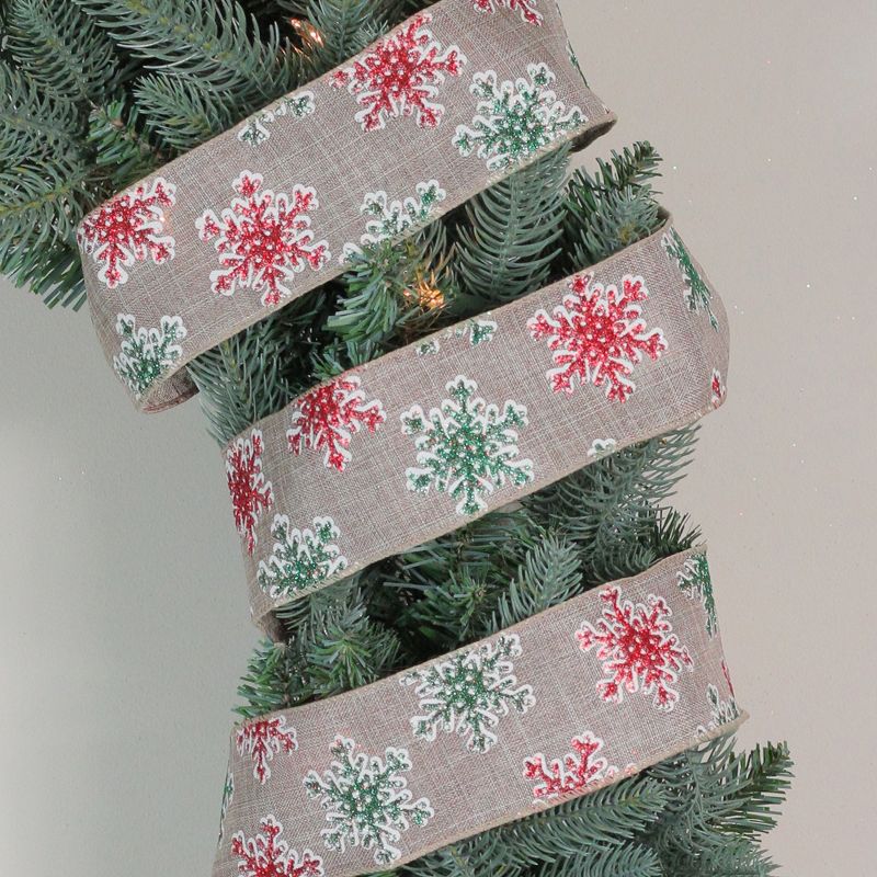 Northlight Red and Green Snowflake Burlap Christmas Wired Craft Ribbon 2.5" x 16 Yards, 2 of 4