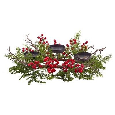 6.5" Berry and Pine Triple Candelabrum Plant Arrangement - Nearly Natural