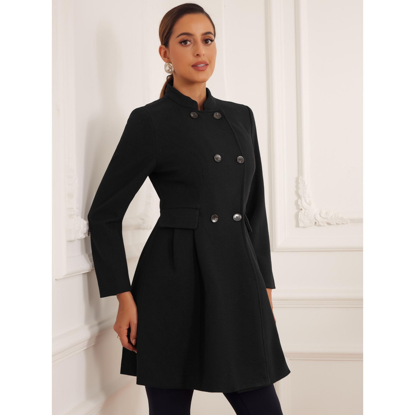 Женские куртки Allegra K Stand Collar Double Breasted Pocket Long Sleeve Winter Coats Large Black, цвет: Чёрный — фото 4