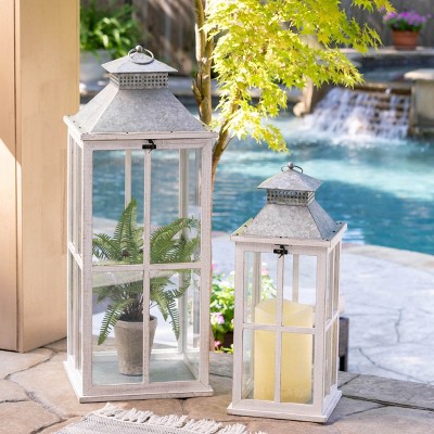 Coastal Whitewash Fir Wood Hanging Candle Lantern