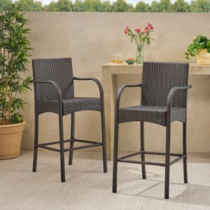 Modern Outdoor Wicker Height Barstool Chairs Set of 2,PE Rattan Woven Kitchen Dining Room Bar Stool with Metal Frame and Footrest-Coolbibila - 1 of 4