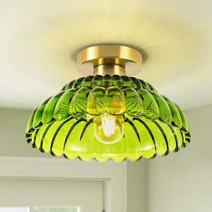 Rennnsan Sydney 11.8 in. 1-Light Modern Gold Dome Semi-Flush Mount Light with Textured Green Glass - 1 of 4