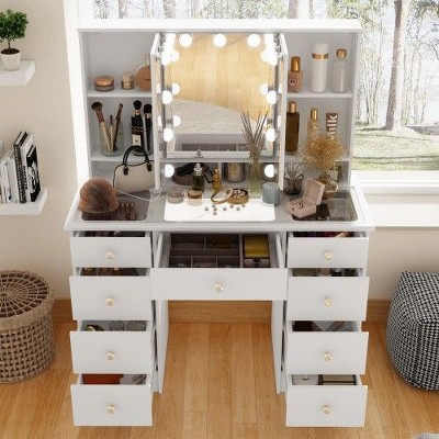 FUFU&GAGA LED Makeup Vanity with 9 Drawers Elegant Makeup Station