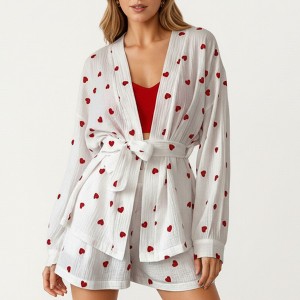 Anna-Kaci Lounge Women's Heart Print 2-Piece Pajama Set with Long Sleeve Tie-Waist Robe and Relaxed Fit Shorts - 1 of 4