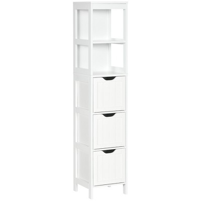 kleankin Tall Bathroom Storage Cabinet, Free Standing Bathroom Cabinet Slim Side Organizer w/ 3-Tier Open Shelf, Bamboo Door, White