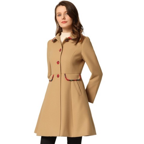 Allegra K Women's Peter Pan Collar Contrast Trim Single Breasted Winter Long Coat Khaki Small